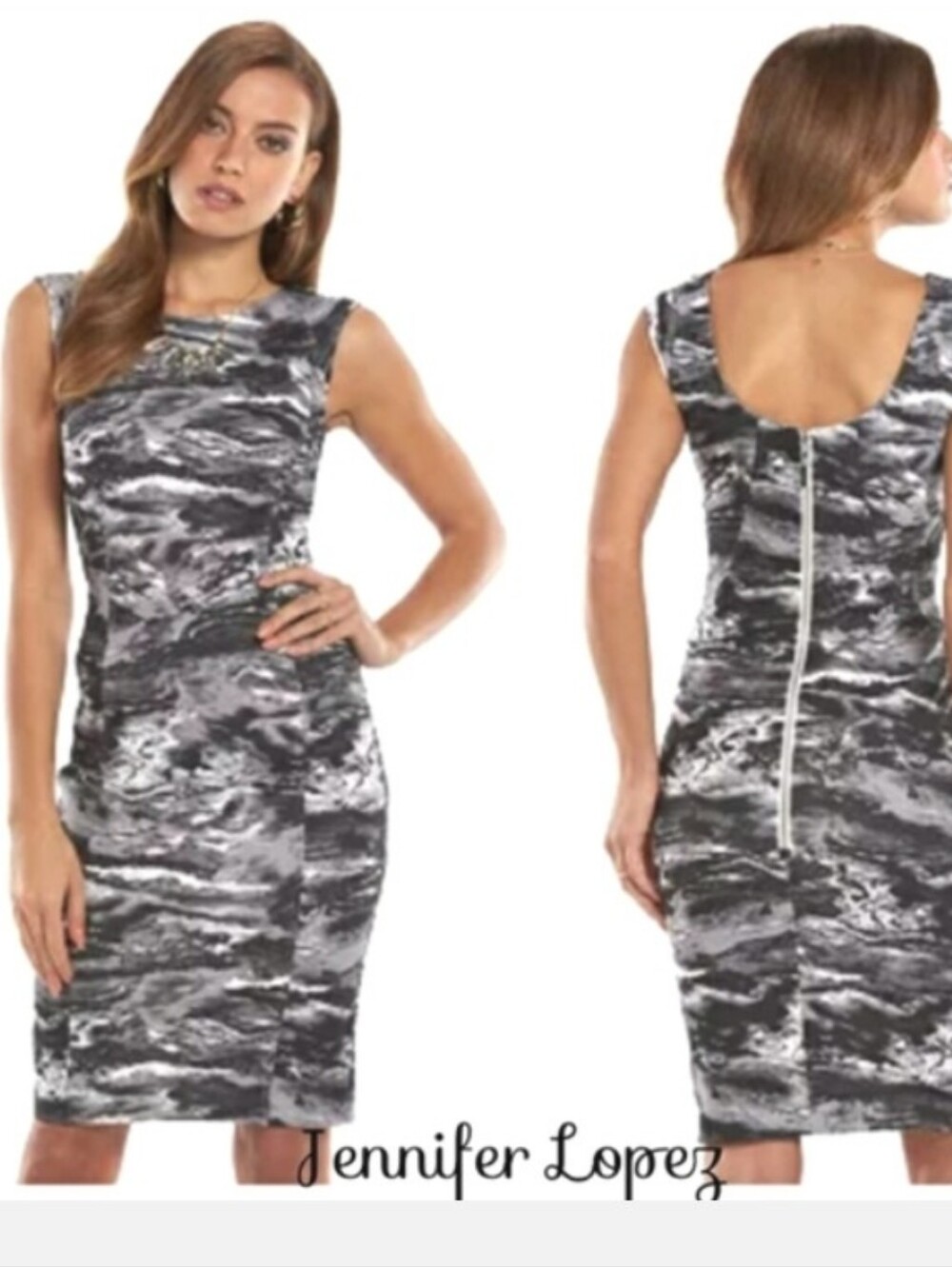Jennifer Lopez Black and White Marble Print Sheath Dress
